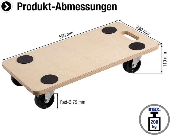 Metafranc Transportroller 590 x 290 mm - 200 kg Tragkraft - Sperrholz - PP-Räder / Möbelroller / Tra
