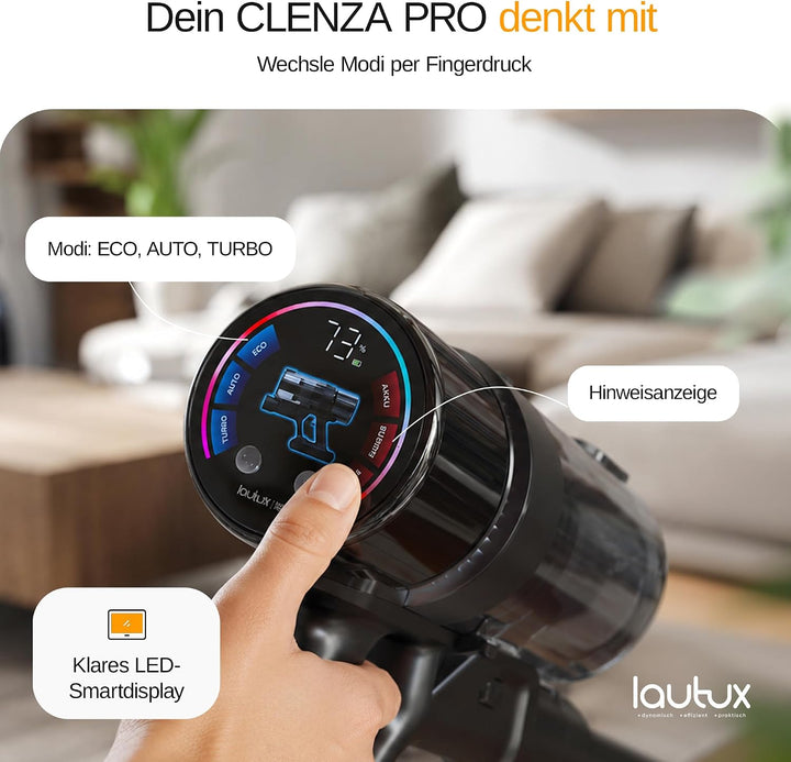 Clenza Pro Nachtschwarz – Kabelloser Akku-Staubsauger 38 kPa mit 3 Saugmodi, bis 100 Min Laufzeit, H