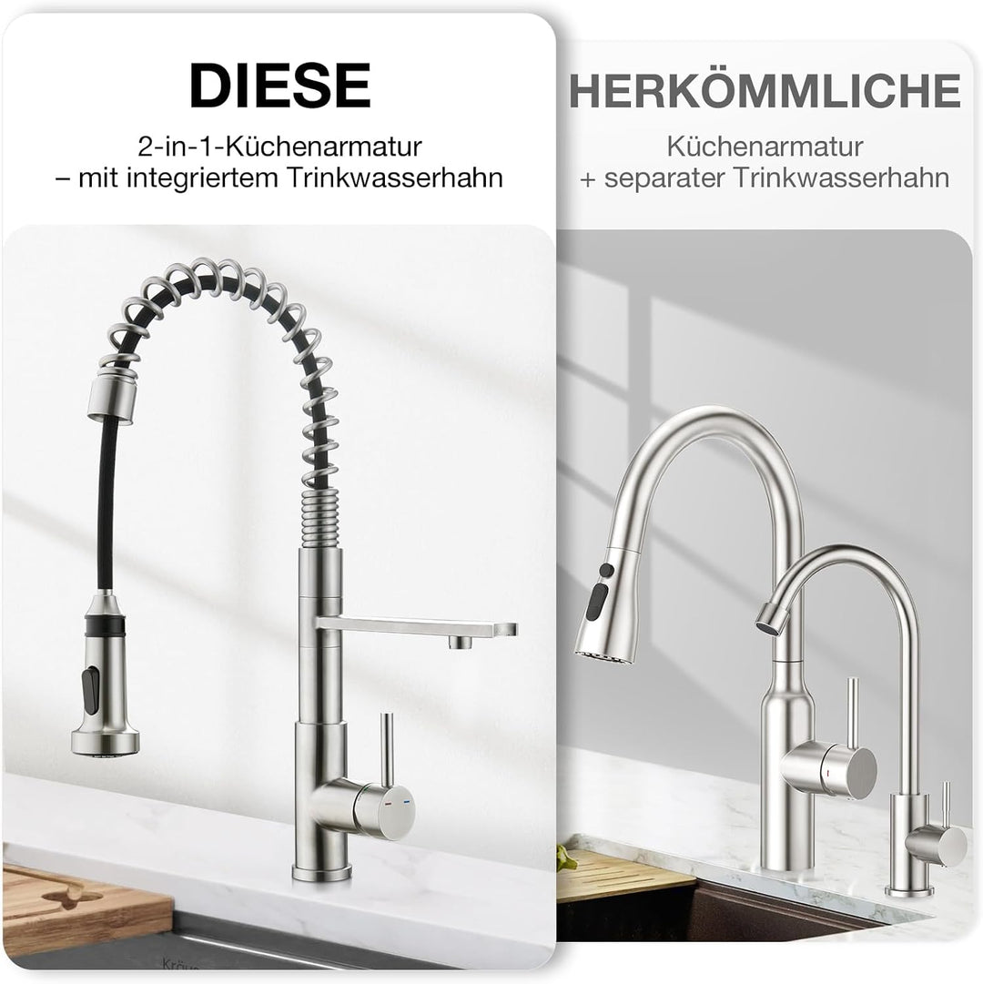 CREA 3 Wege Spiralfeder Küchenarmatur, Trinkwasserhahn Küche mit Brause ausziehbar, Wasserhahn Armat
