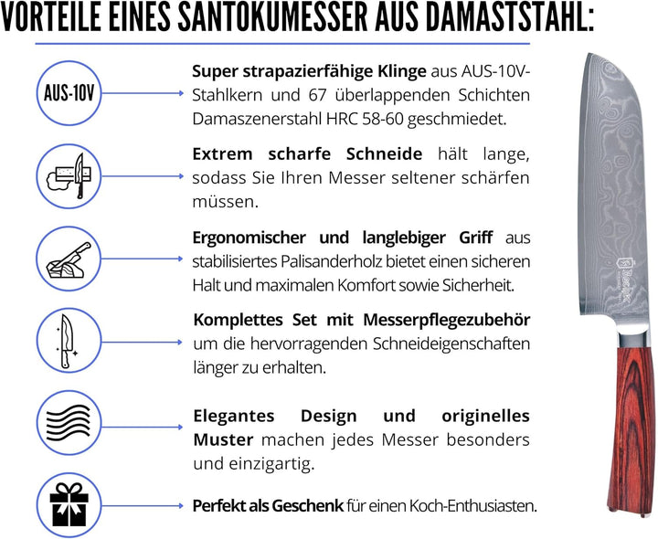 Bacher Santoku Damastmesser 18 cm - Damast Küchenmesser Geschmiedet aus 67 Legen AUS 10V - Profi Sch
