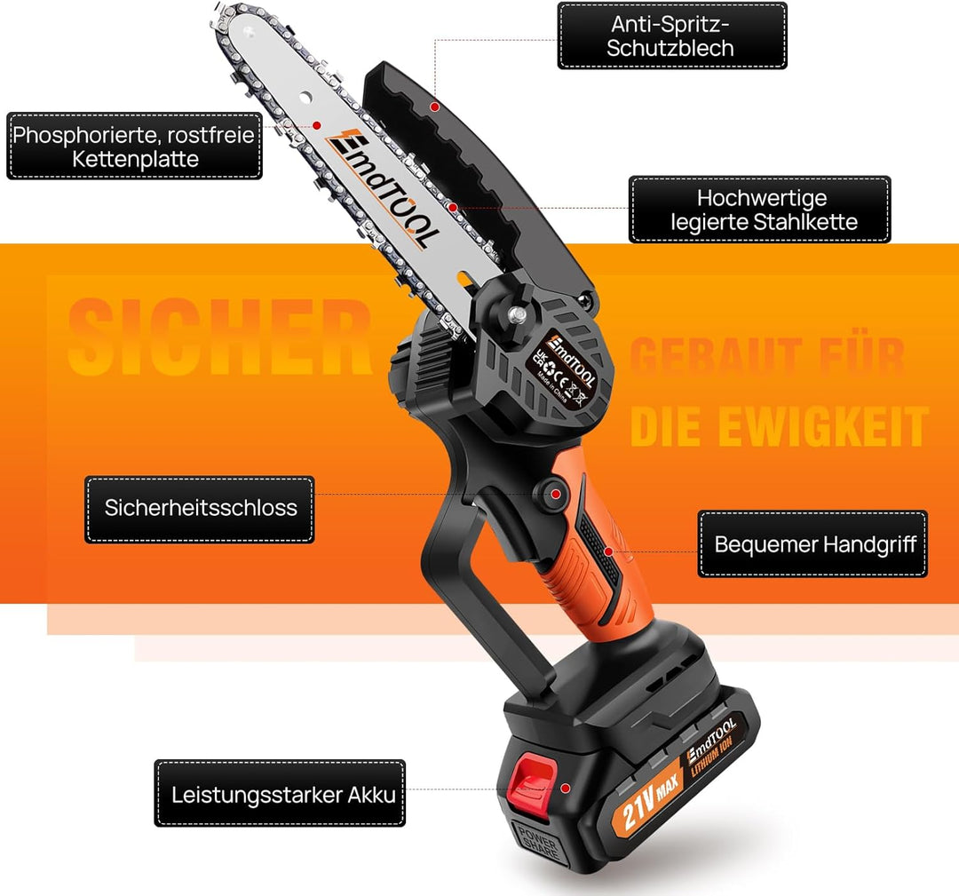 Mini Kettensäge 21V, 6 Zoll Akku Stsäge mit 3.0Ah Akku und Schnell-Ladegerät, Mit Sicherheitsverrieg