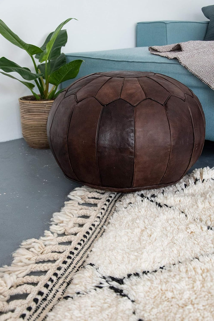 Poufs&Pillows Marokkanischer Echtleder Pouf - Braun - Handgefertigt - gefüllt geliefert - Ottoman Si