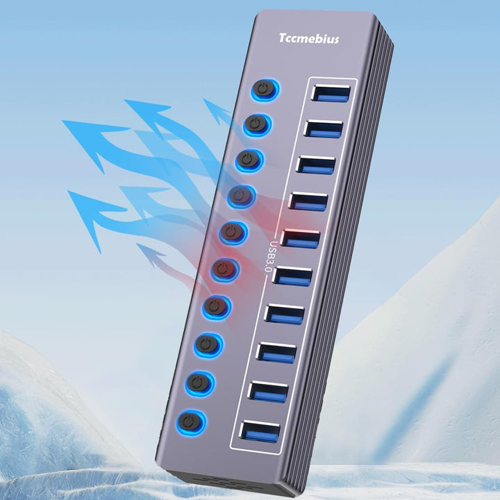 USB Hub Aktiv 3.0 mit 36W(12V/3A) Netzteil, 2-in-1 (USB A/C) zu 10 Port USB 3.0 Daten Hub mit Einzel