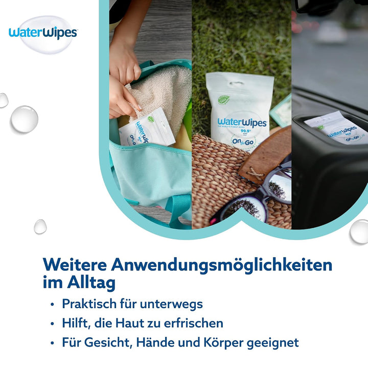 WaterWipes Sensitive+ On The Go Wipes, Unterwegs-Tücher, 224 Stück (8 Packungen), 3-in-1 reinigt, pf