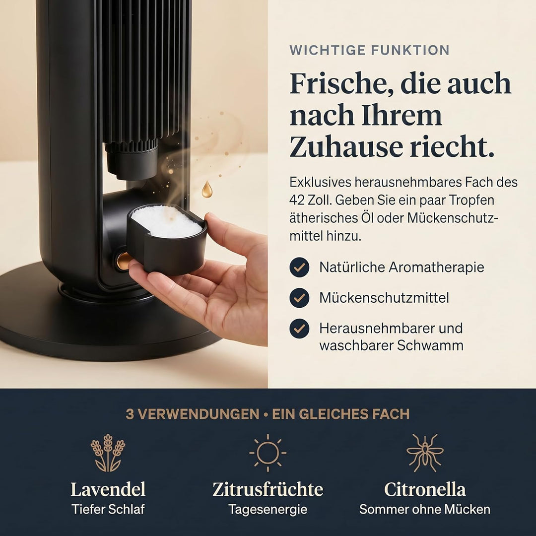 Turmventilator (107 cm), 19 dB, Windgeschwindigkeit bis zu 8.2 m/s, LED-Touchdisplay, Fernbedienung,
