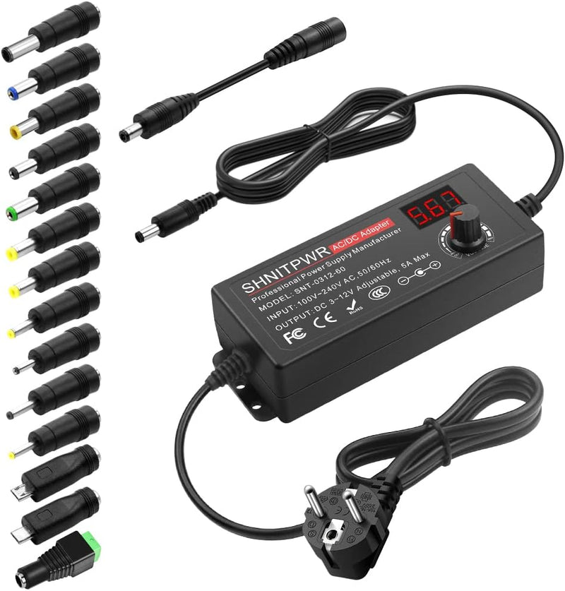 SHNITPWR Universal 3.5V~12V Netzteil 60W 5A Schalt-Netzteil Adapter AC/DC, mit 14 pcs Adapter Stecke