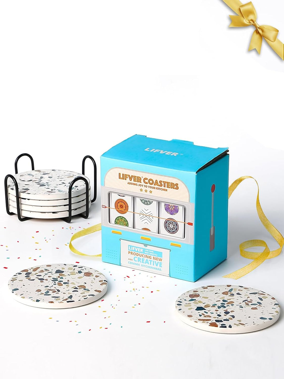 LIFVER Untersetzer Gläser, Glas Untersetzer-Set 6 Stücke mit Halter, 10,2 cm Saugfähig Getränk Unter