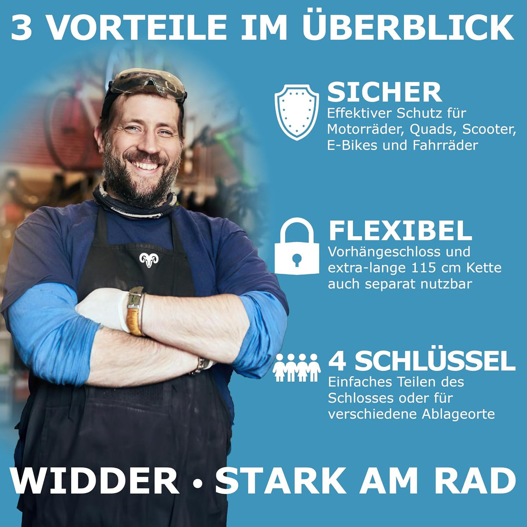 Widder Titan-Stahl [Level 15] Kettenschloss mit 4 Schlüssel - 115cm lang & 11mm massiv - für Motorra