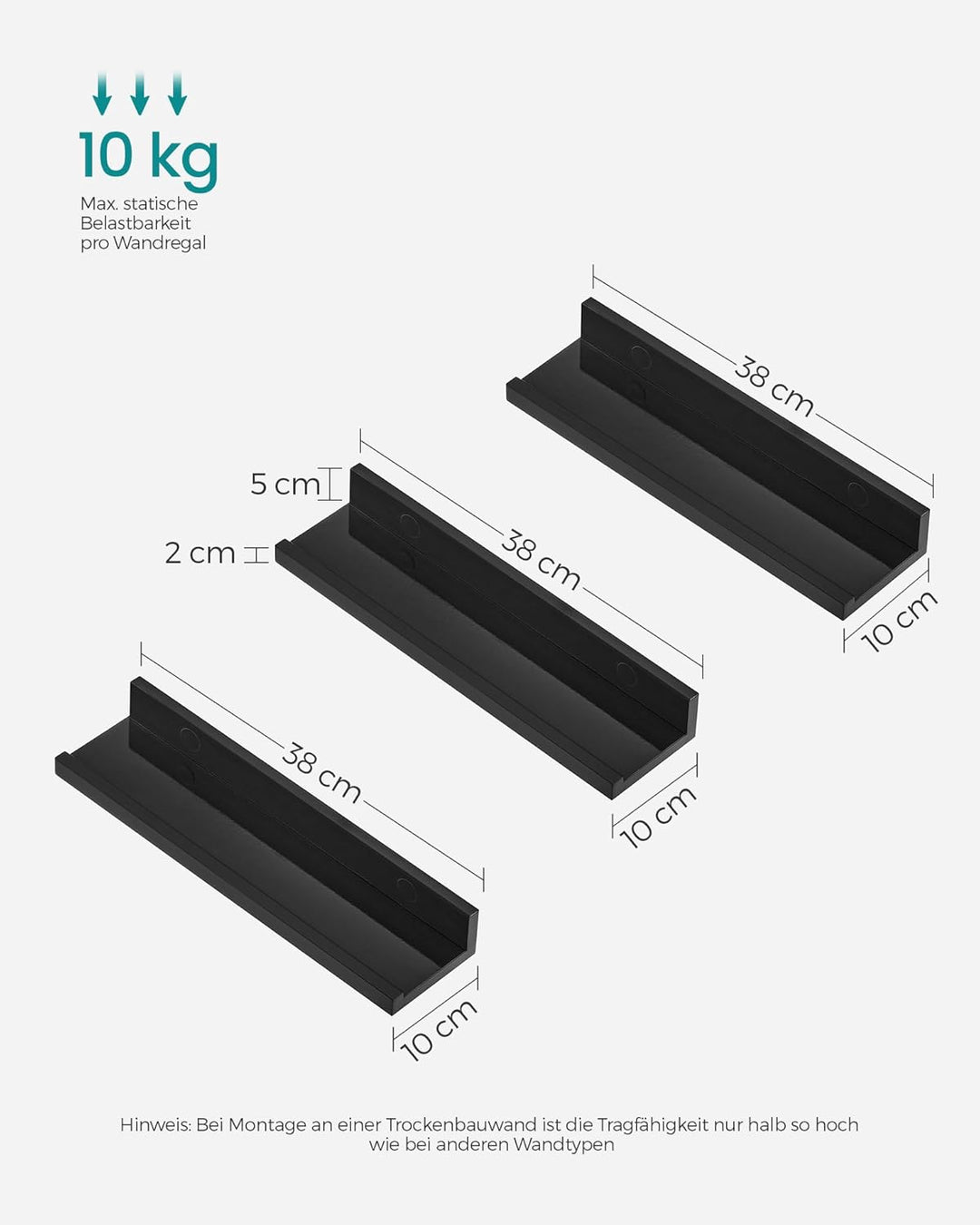 SONGMICS Wandregal, 3er Set, Schweberegal, 38 cm breit, Regal für Fotorahmen und Dekos, für Wohnzimm