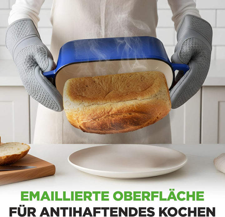 NutriChef Gusseisen Topf - Brotbacktopf - mit Deckel - 25,4 cm ovaler Brottopf mit Silikonhandschuhe