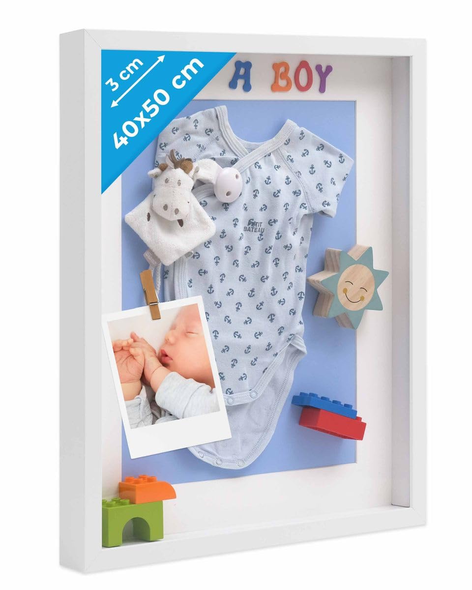 PHOTOLINI 3D Bilderrahmen zum Befüllen 40x50 Weiss gross, 3 cm tiefer Objektrahmen mit Glas, tiefer