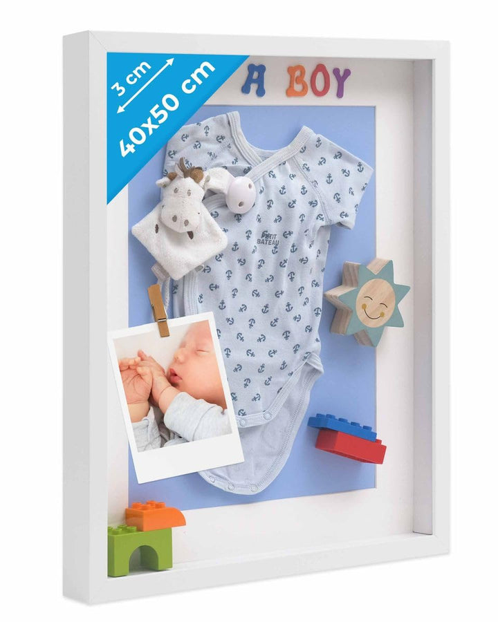 PHOTOLINI 3D Bilderrahmen zum Befüllen 40x50 Weiss gross, 3 cm tiefer Objektrahmen mit Glas, tiefer