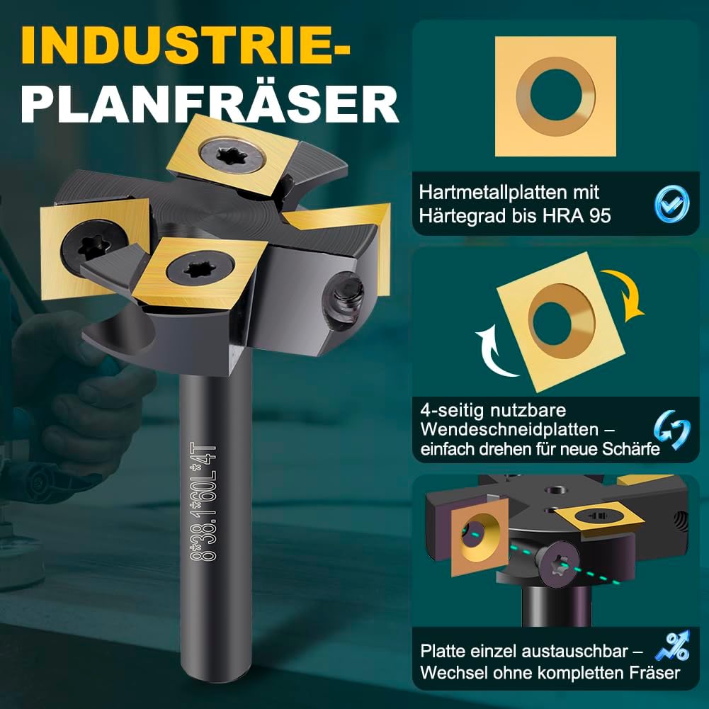 BALUGAEA Planfräser 8mm Schaft Durchmesser 38,1 mm Hobelfräser Holz Abflachfräser mit TiN-besch Hart