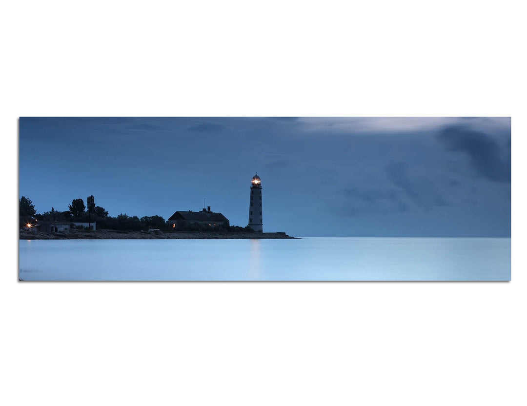 Paul Sinus Art Panoramabild auf Leinwand und Keilrahmen 120x40cm Meer Leuchtturm Nacht Nebel Steine