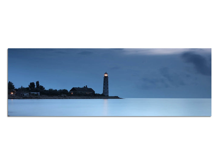 Paul Sinus Art Panoramabild auf Leinwand und Keilrahmen 120x40cm Meer Leuchtturm Nacht Nebel Steine