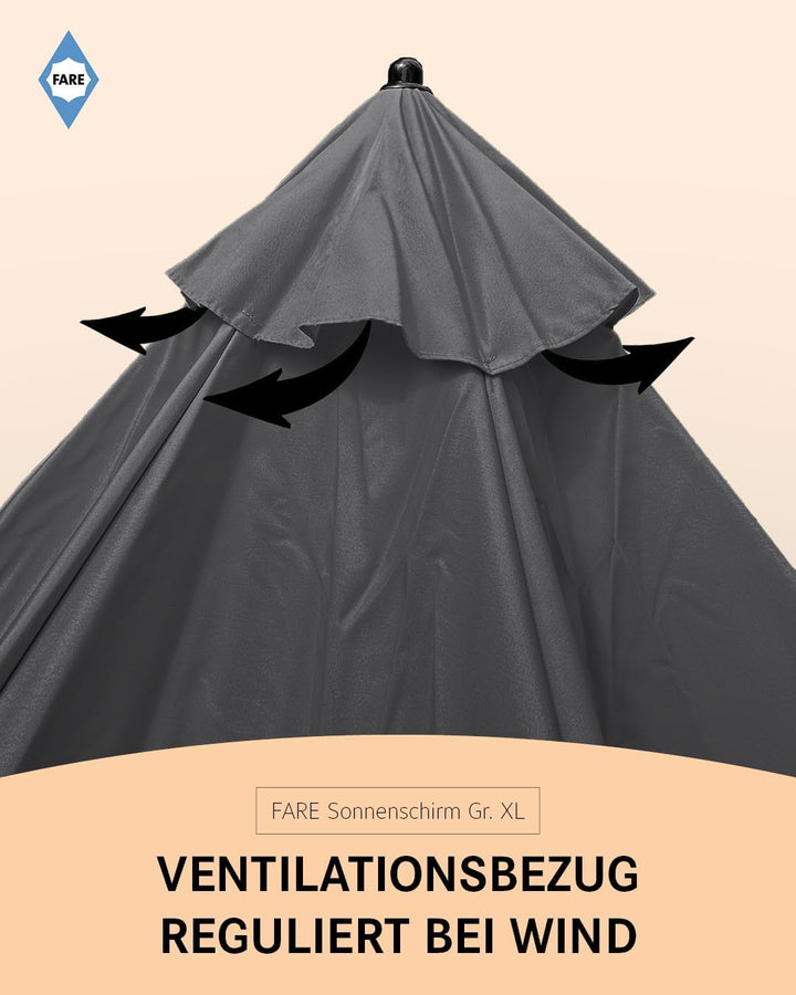 FARE Sonnenschirm Gr. XL - 235 cm Durchmesser - UV-Schutz 50+ für Balkon Garten Terrasse Sommer - Ti