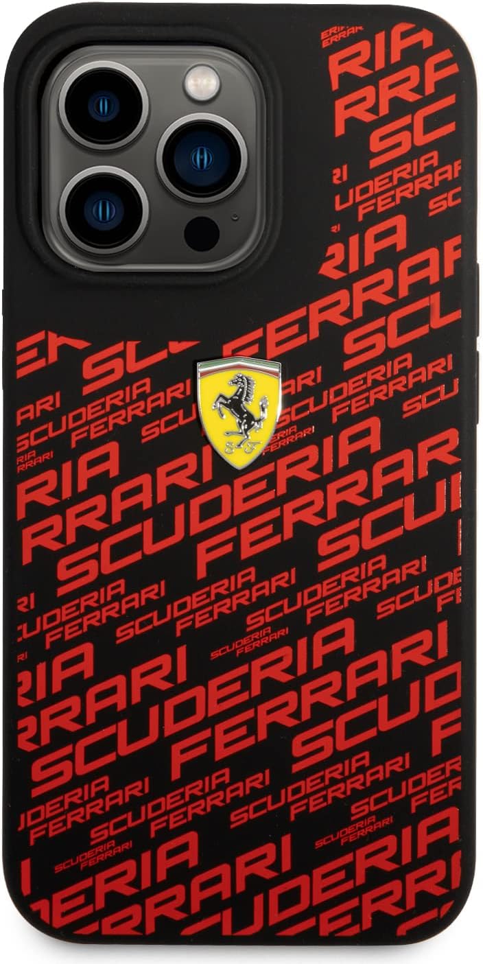 Ferrari Handyhülle für iPhone 14 Pro in Schwarz bedruckt Scuderia, Flüssigsilikon, glatte & kratzfes