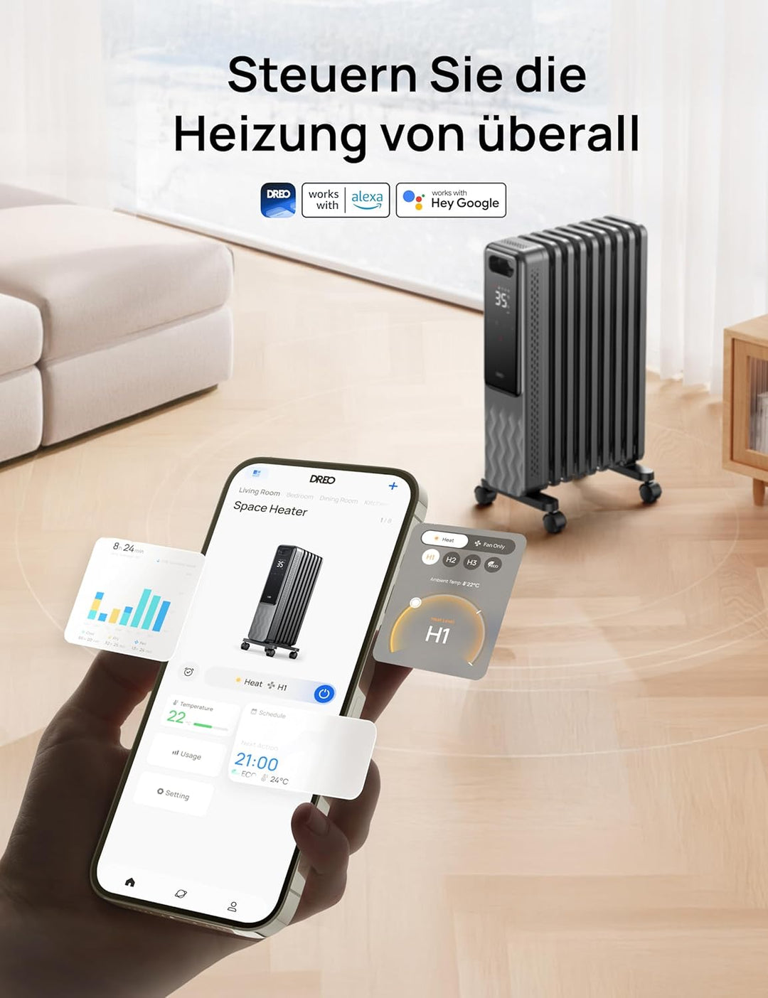 Dreo Ölradiator Energiesparend 2000W, Mobile Elektroheizung 9 Rippen mit Fernbedienung, 3 Heizstufen