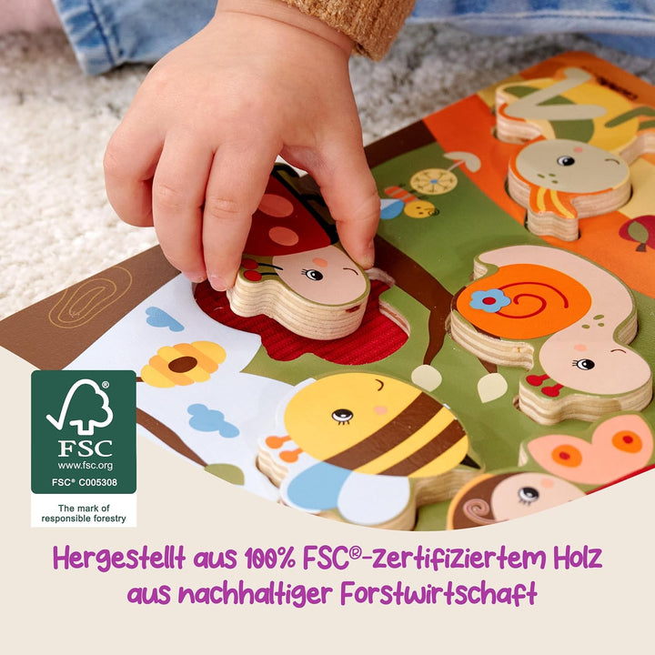 Eichhorn – Stoff Fühlpuzzle mit 7 Tieren und unterschiedlichen Textilelementen, fördert die Feinmoto