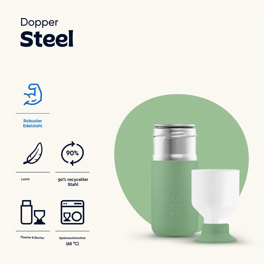 Dopper Steel Trinkflasche 350ml, 490ml, 800ml, 1.1L - Edelstahl Flasche - BPA freie Wasserflasche, 1