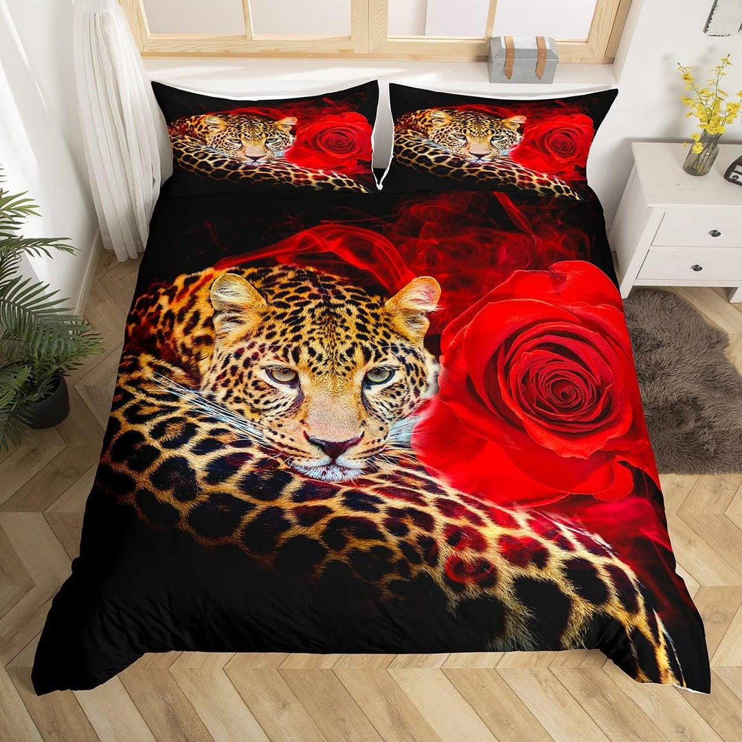 Loussiesd Leopard-Bettwäsche-Set für Mädchen, Jungen Kinder rote Rose Bettwäsche 135x200cm dekorativ