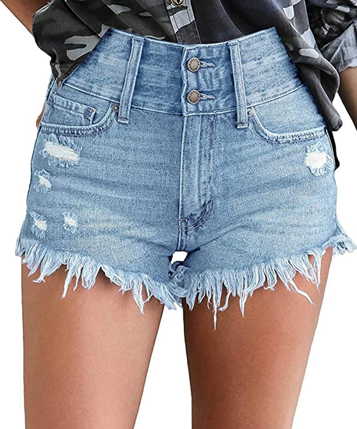 Necooer Damen Casual Ripped Denim Shorts Mittlere Taille Kurze Jeanshose mit Taschen XXL Hellblau 02