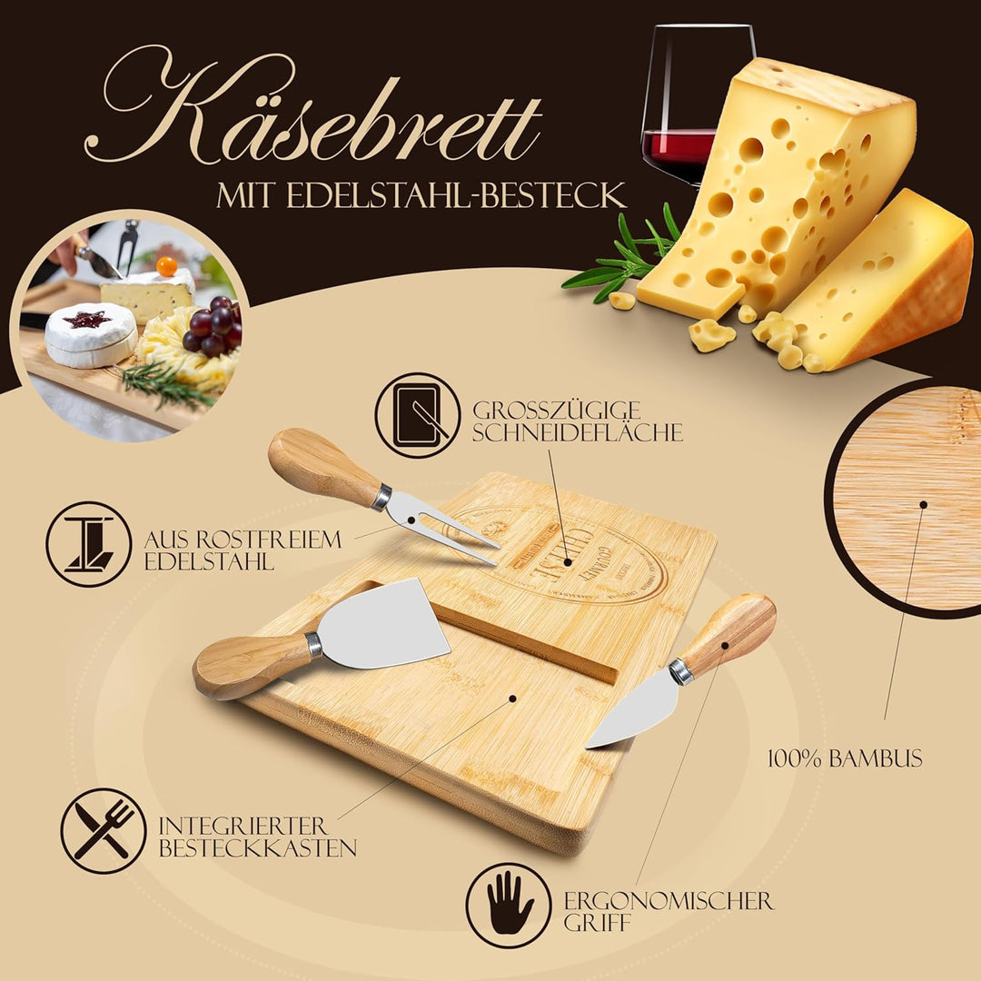 Premium Käsebrett, Schneidebrett aus Bambus, 38 x 18,5 x 1,5 cm, Käsebrett mit Messer Käseschaber Kä