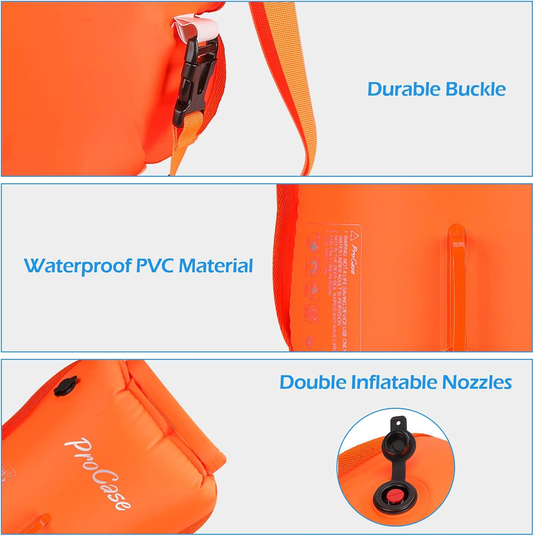 ProCase Schwimmboje Doppelairbags mit 35L Trockensack, Swim Buoy Aufblasbar Boje mit Schultergurt, S