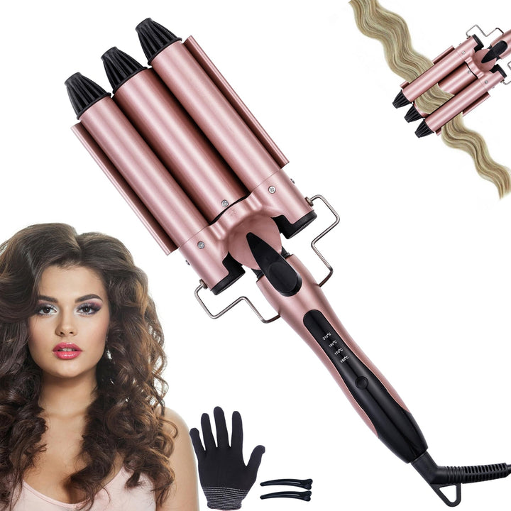 Aischens 3 Fässer Welleneisen 25mm, Lockenstab mit 3 Stangen mit 4 Einstellbaren Temperaturen, Welle