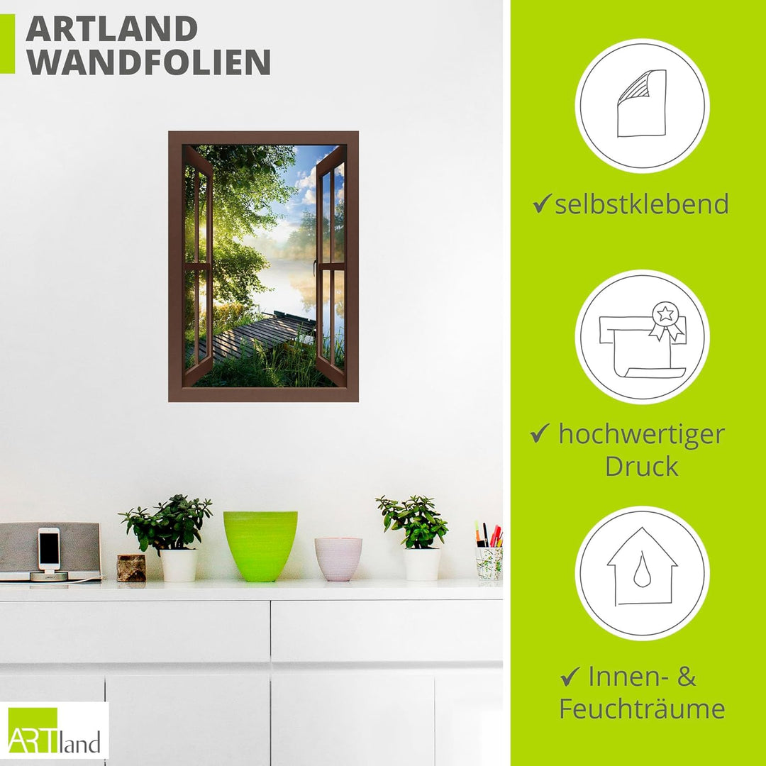 ARTland Wandbild selbstklebend Vinylfolie 70x100 cm Fensterblick Fenster Landschaft Wald Natur See A