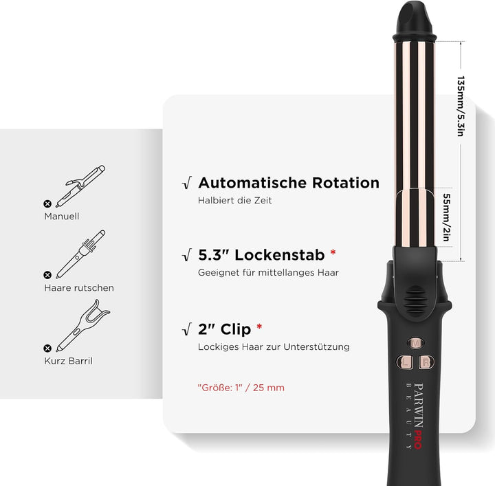 360° Rotierender Lockenstab Automatisch, PARWIN PRO BEAUTY Lockenstab Curling Iron 25mm, Nano-Titan-
