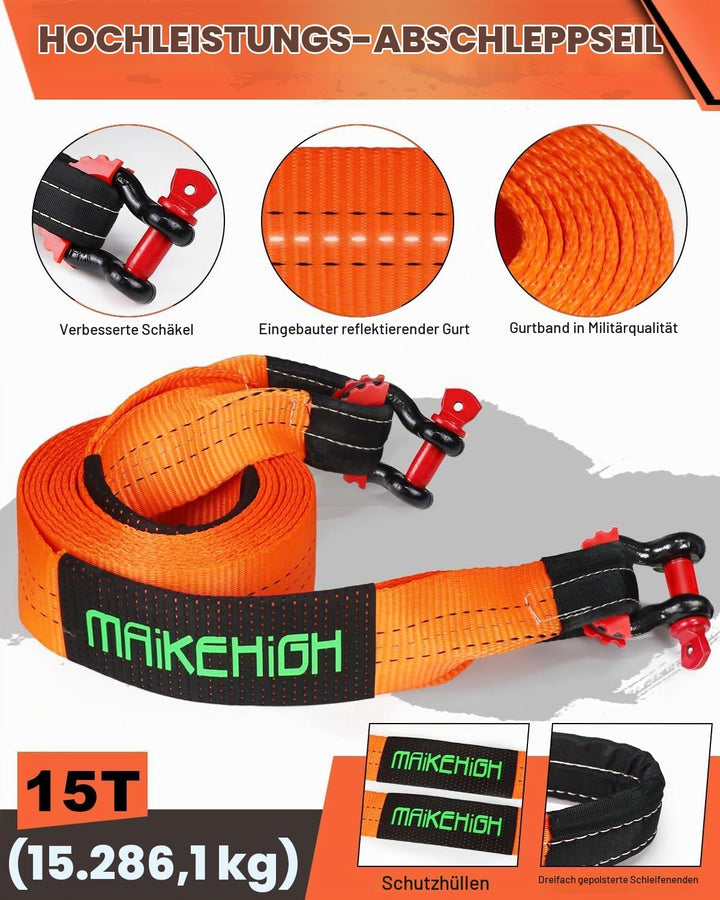 MAIKEHIGH Abschleppseil 15 Tonnen (33,700 Lbs), 6M x 6,7cm Abschleppgurt mit 2 Verbesserten Schäkeln