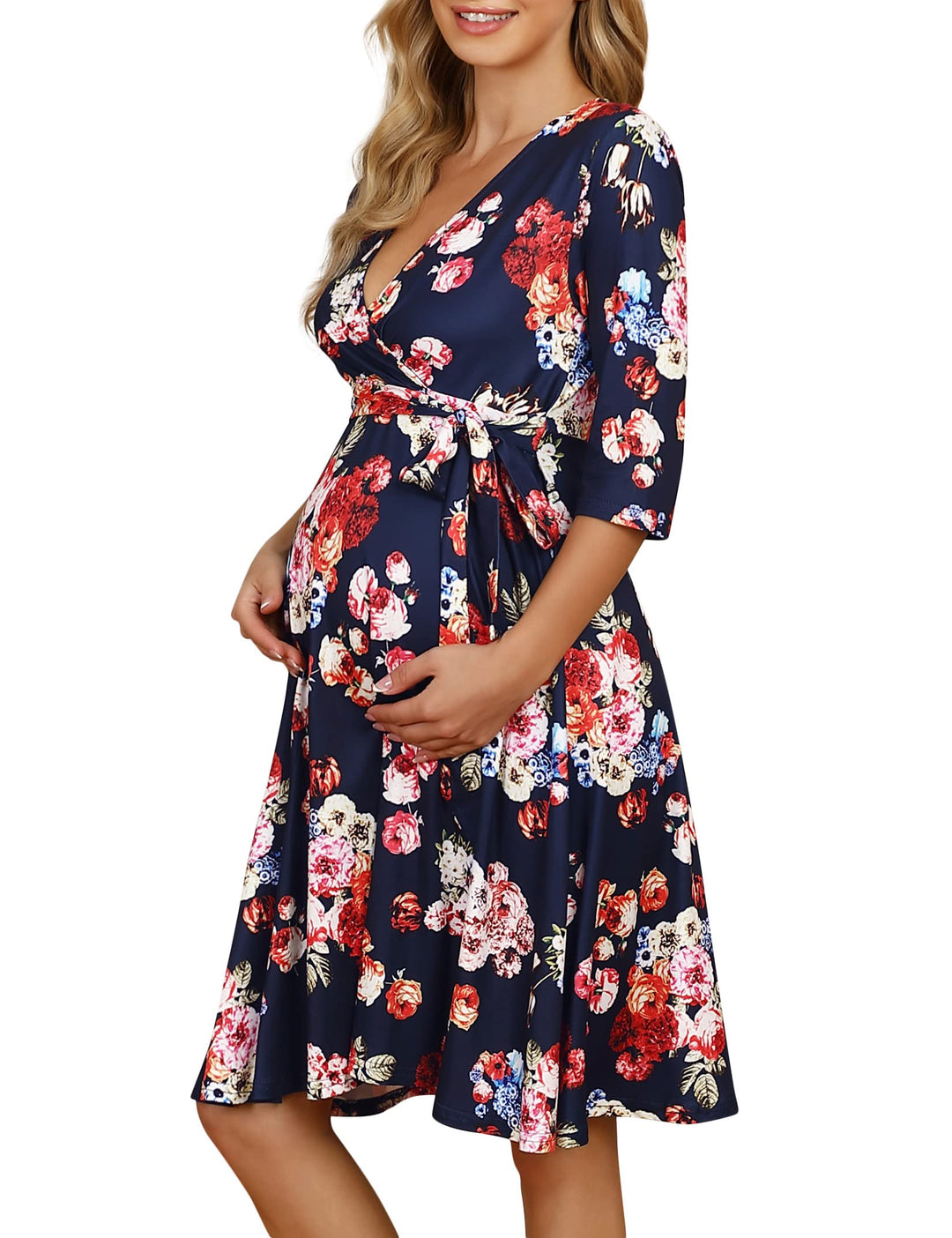 KOJOOIN Damen Umstandskleid Schwangerschafts Kleid für Schwangere Stillkleid V-Ausschnitt Langarm mi