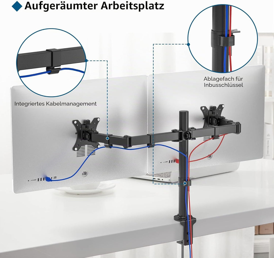 BONTEC PC-Monitorhalterung für 2 Monitore von 13 – 32 Zoll, PC-Monitorarm höhenverstellbar, drehbar