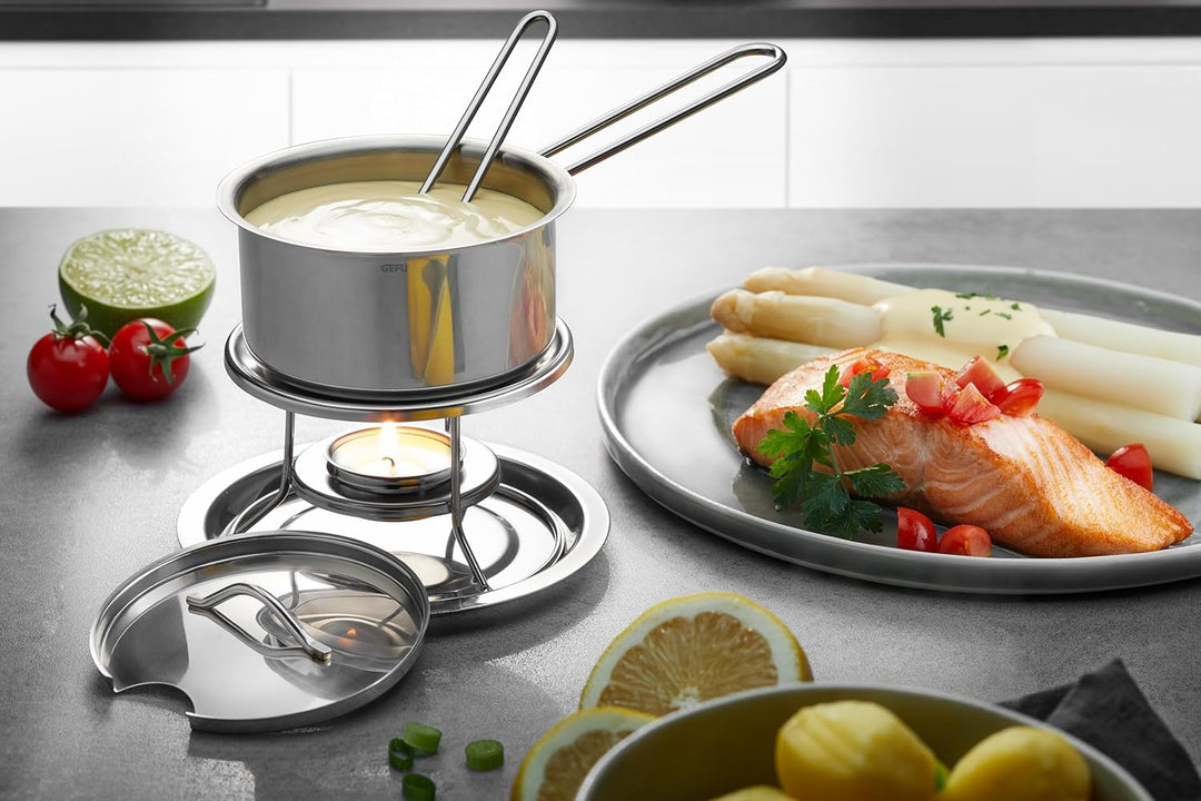 GEFU Saucen- & Butterwärmer-Set Caloric, 6-teilig, 300 ml, Stövchen mit Teelicht, Stieltopf mit Deck