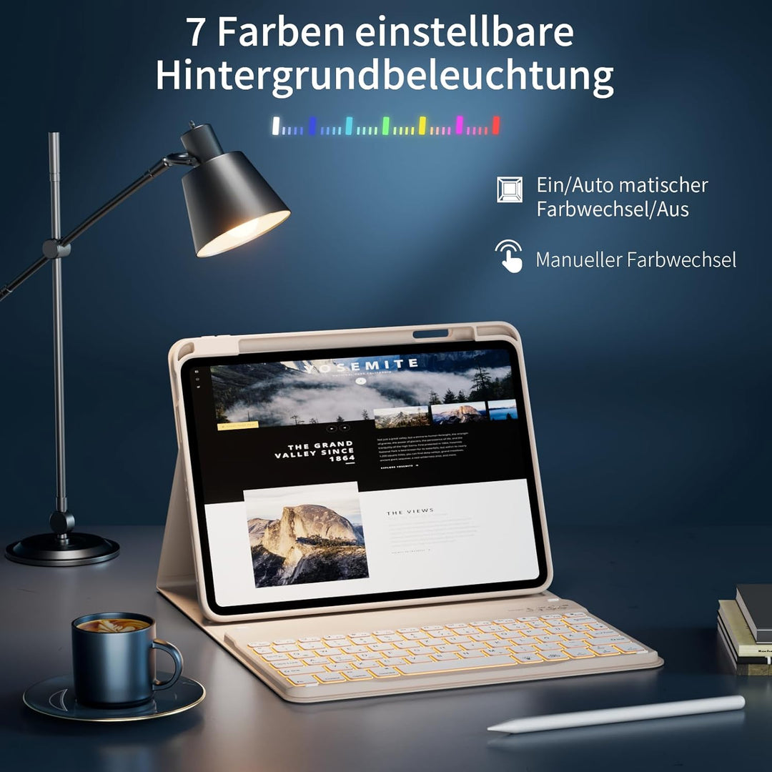Hülle mit Tastatur für iPad A16 11 Generation 2025/10 Generation 2022 (11/10.9 Zoll) 7 Farben Beleuc