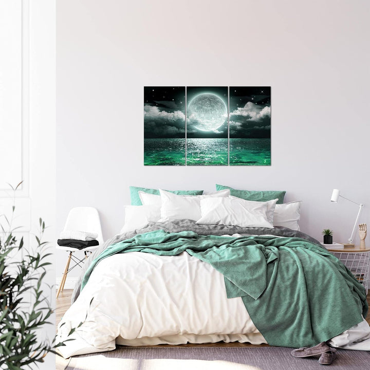 Runa Art Wandbilder Vollmond Meer Bild XXL Wohnzimmer Schlafzimmer Grün Grau Panorama 120 x 80 cm 3