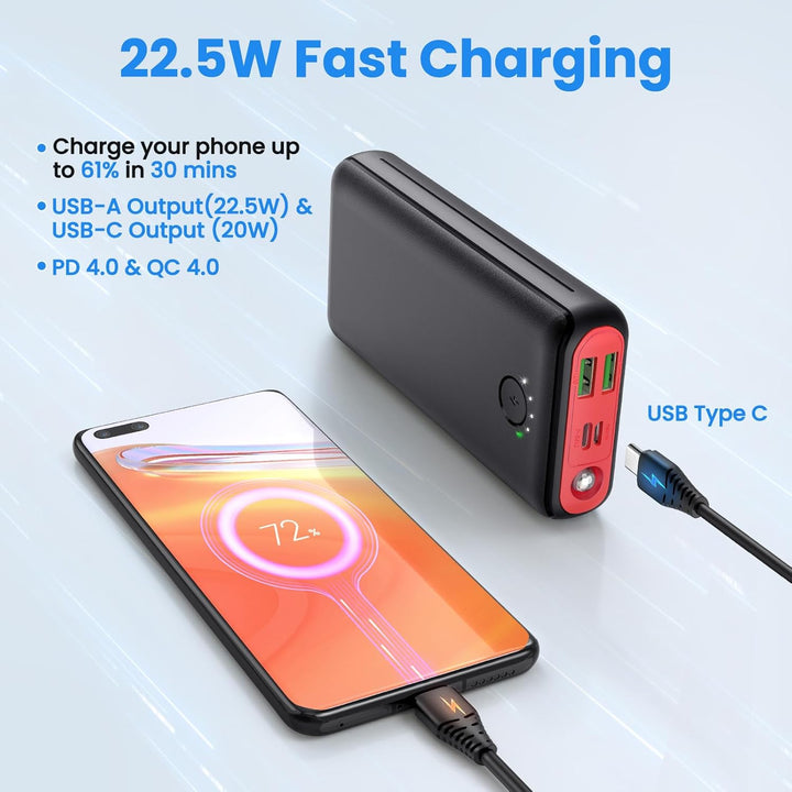 JIGA Powerbank 30000mAh Externer Akku Tragbares Ladegerät USB C Power Bank mit Taschenlampe, 3 Eingä
