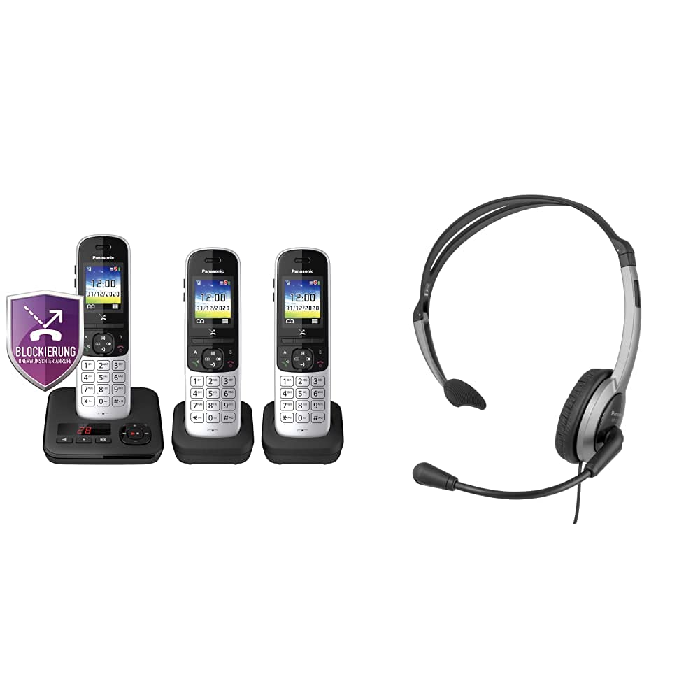 Panasonic KX-TGH723GS Schnurlostelefon mit Anrufbeantworter 3er Set (DECT Telefon, strahlungsarm, Fa
