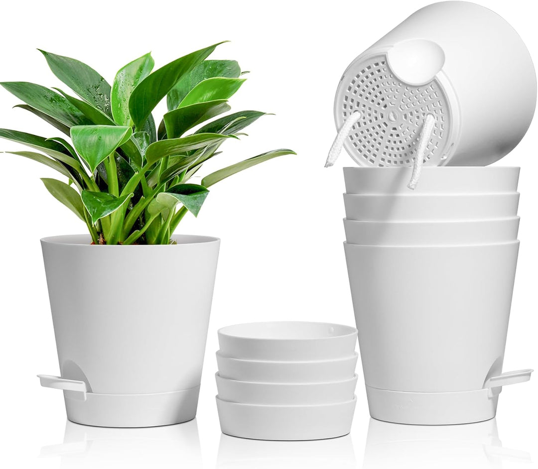 T4U 16,5cm Kunststoff Blumentopf mit Bewässerungssystem, 6er-Set Selbstbewässerung Übertopf mit Unte