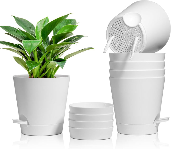 T4U 16,5cm Kunststoff Blumentopf mit Bewässerungssystem, 6er-Set Selbstbewässerung Übertopf mit Unte