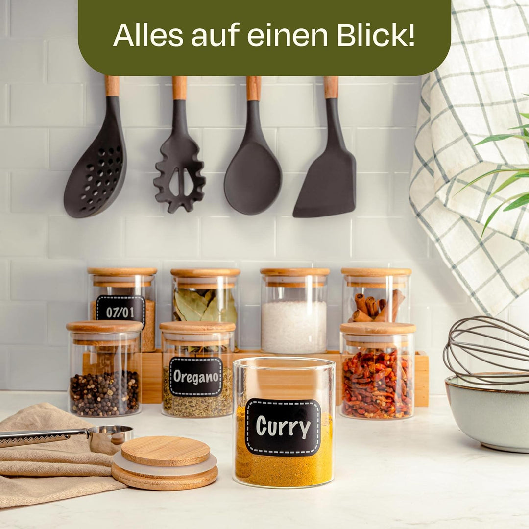 Praknu Gewürzbehälter 8er Set 250ml mit Etiketten und Stift zum Beschriften - Luftdicht - Spülmaschi