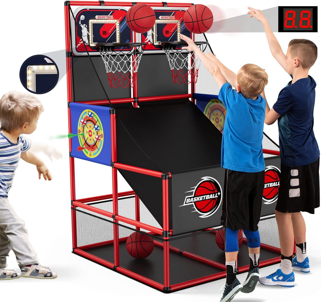 HYES 3 in 1 Dual Shot Basketball Arcade Spiel mit 2 Dart Boards/Elektronische Anzeigetafel/LED Licht