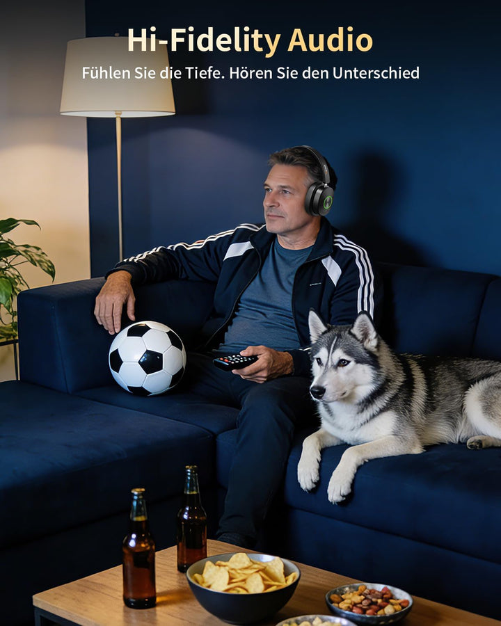 Wantek Funkkopfhörer für Fernseher, Kabellose TV-Kopfhörer für Senioren mit Sender-Ladestation, Ohne