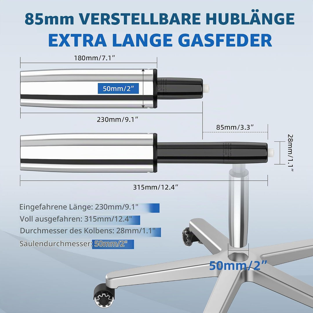 WEWILL Gasdruckfeder für Bürostühle, Länge 230mm - 315mm, Silber Silber 230-315mm, Silber 230-315mm