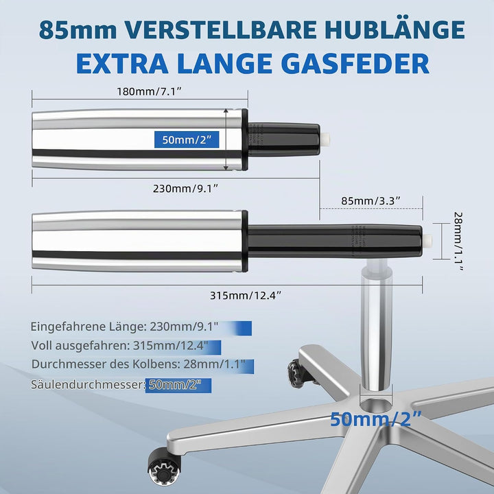 WEWILL Gasdruckfeder für Bürostühle, Länge 230mm - 315mm, Silber Silber 230-315mm, Silber 230-315mm