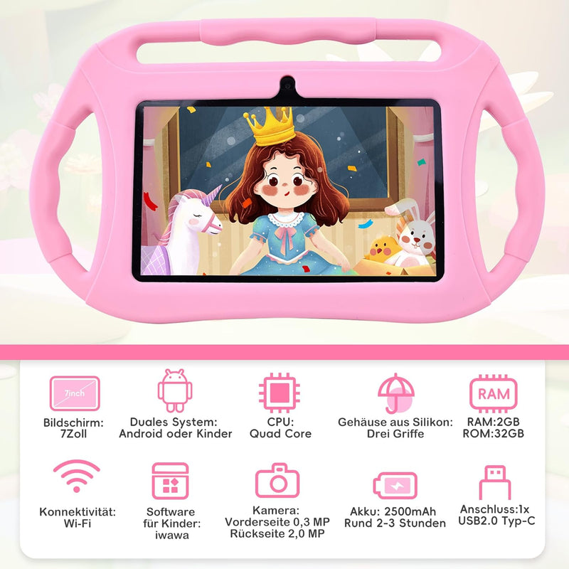Veidoo Kinder-Tablet für Kleinkinder 7 Zoll Android Tablet für Kinder 32GB, WiFi, GMS, Google Plays,