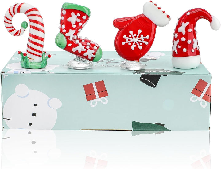 HDCRYSTALGIFTS Handgeblasene Glas-Weihnachtsfiguren, Ornamente, 4 Stück, Mini-Weihnachtsfiguren für