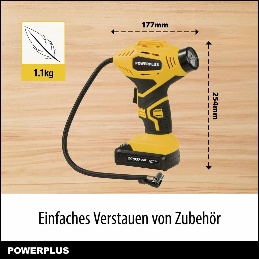 Powerplus POWX1700 Akku Kompressor - Druckluft Kompressor mit 18V und 8 bar Leistung - Inkl. 1 x 1,5