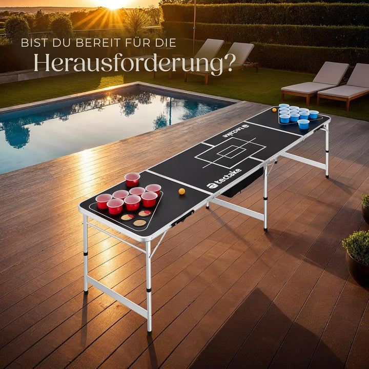 tectake® Bierpong Tisch, inkl. 100 Becher (50 rot & 50 blau) und 6 Bälle, mit Eisfach und Becherhalt